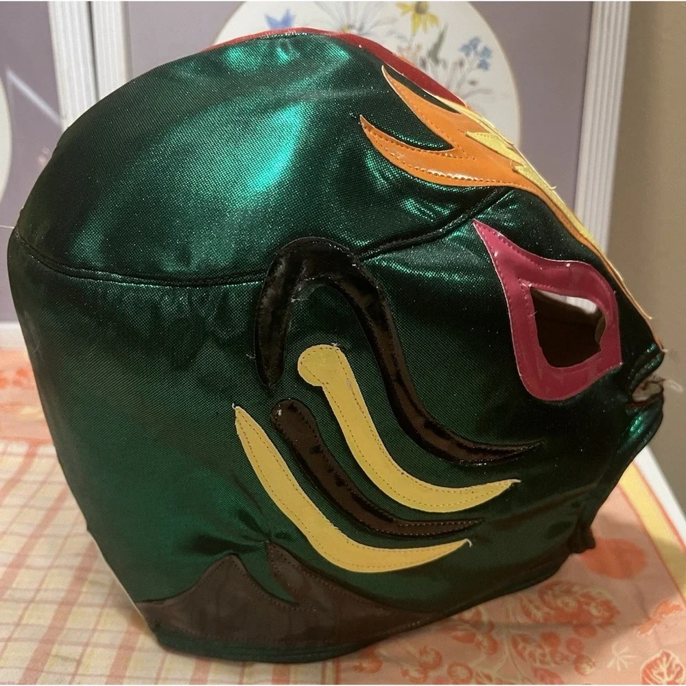 Lucha Libre Mask Vinyl Back Lace Up Red Green Multi Sparkle Flame Adult‎ Size